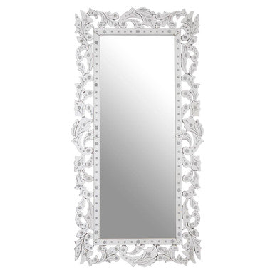 Decorative white mirror with intricate floral patterns on a white background