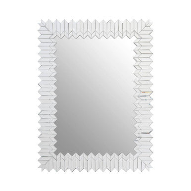 Rectangular mirror with decorative white frame on a white background