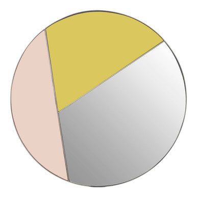 Round mirror with a color-blocked design featuring yellow, pink, and gray sections on a white background.