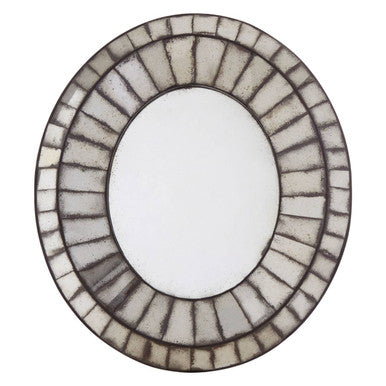 Round mirror with a decorative mosaic frame on a white background