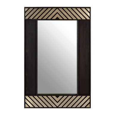 Rectangular mirror with a decorative black and gold chevron pattern on a white background
