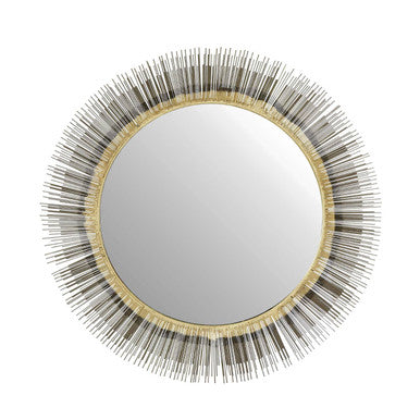 Round mirror with a decorative black and gold frame on a white background