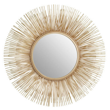 Round mirror with gold sunburst frame on a white background