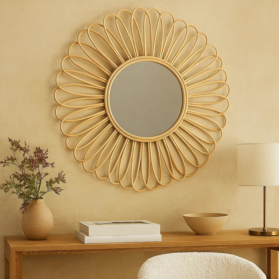 Decorative wall mirror with floral design on a beige wall above a wooden console table.