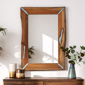 Almora Natural Acacia Wood Wall Mirror with Silver Aluminium Inlay