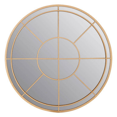 Round mirror with gold frame on a white background