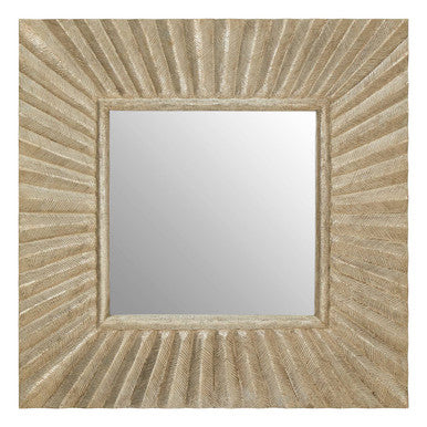 Square mirror with a textured beige frame on a white background
