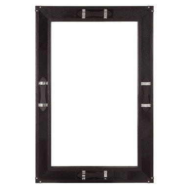 Black rectangular frame with decorative elements on a white background