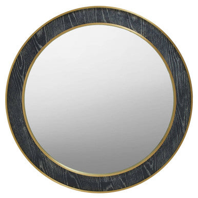 Round mirror with a dark wooden frame on a white background