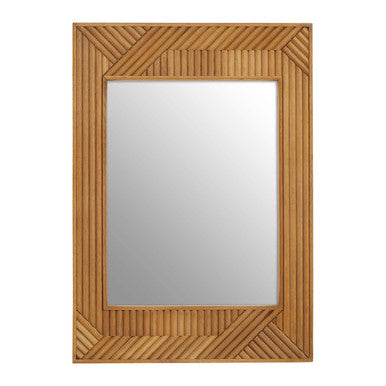 Rectangular mirror with a woven wooden frame on a white background