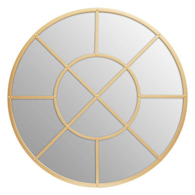 Round mirror with gold frame on a white background