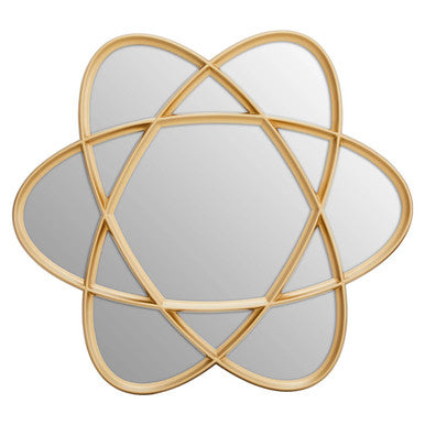 Decorative wall mirror with gold geometric frame on a white background