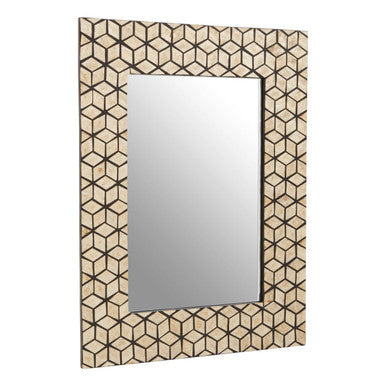 Rectangular mirror with geometric patterned frame on a white background