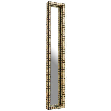 Tall rectangular mirror with a decorative frame on a white background