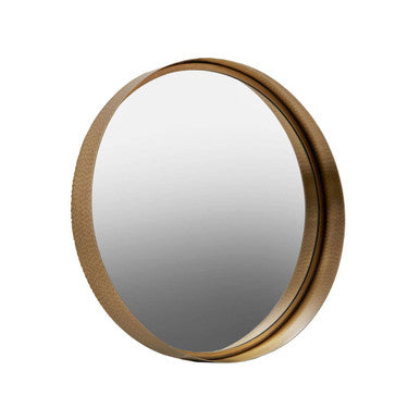 Round mirror with a gold frame on a white background