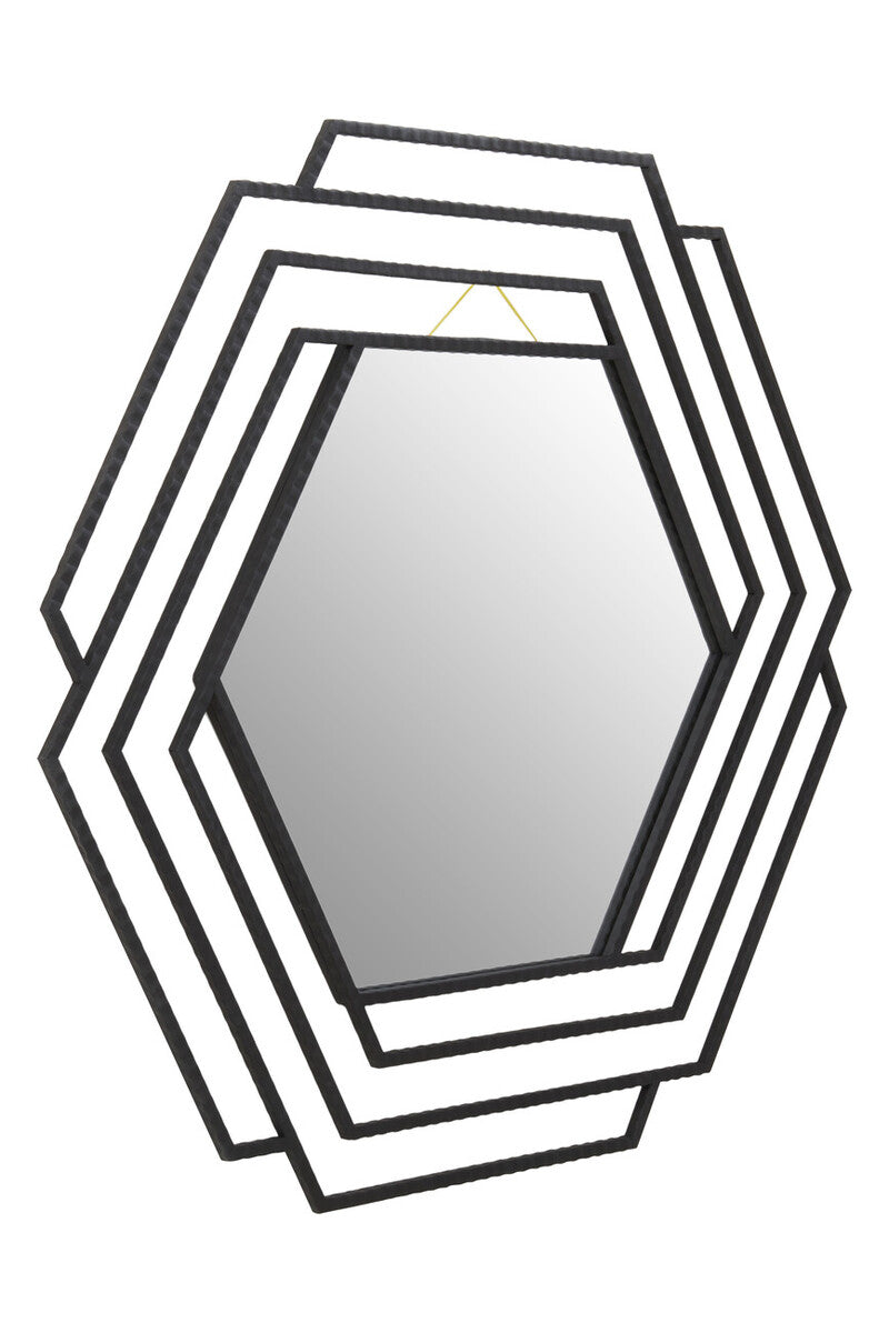 Geometrically shaped mirror with black frame on a white background