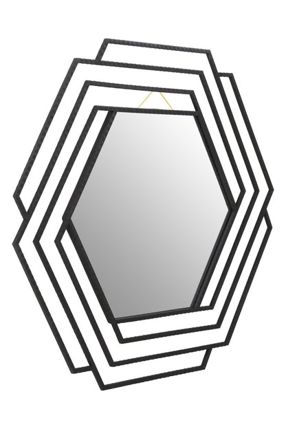 Geometrically shaped mirror with black frame on a white background