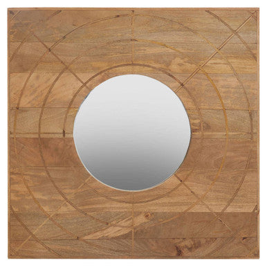 Wooden mirror with circular design on a wooden background