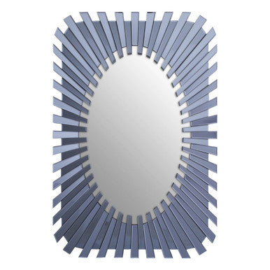 Decorative mirror with a blue, sunburst frame on a white background