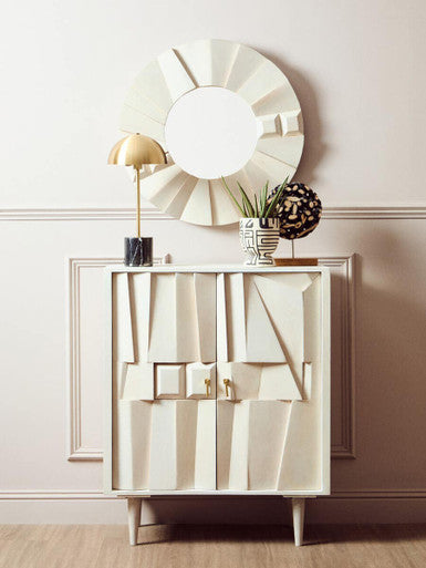 Sita Whitewash Mango Wood Abstract Tile Round Wall Mirror