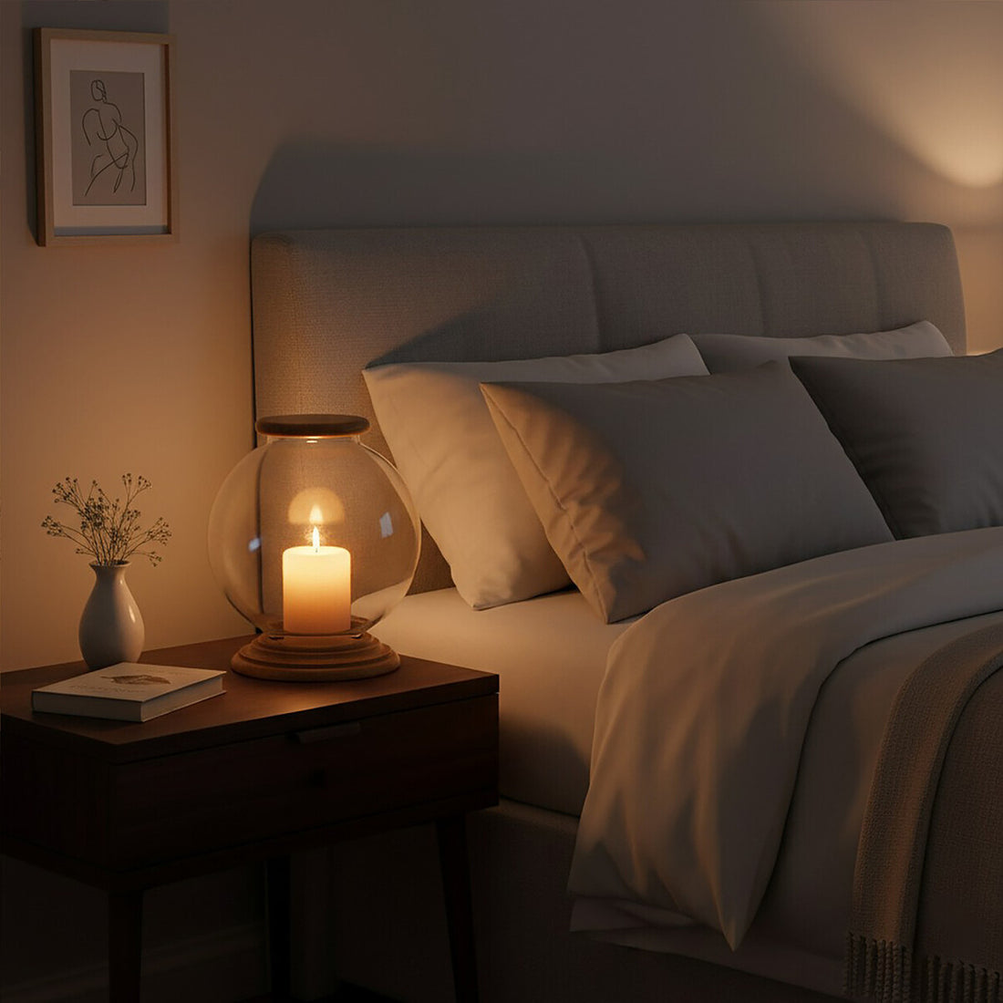 Cozy bedroom with lit candle on a nightstand, soft lighting, and framed artwork.