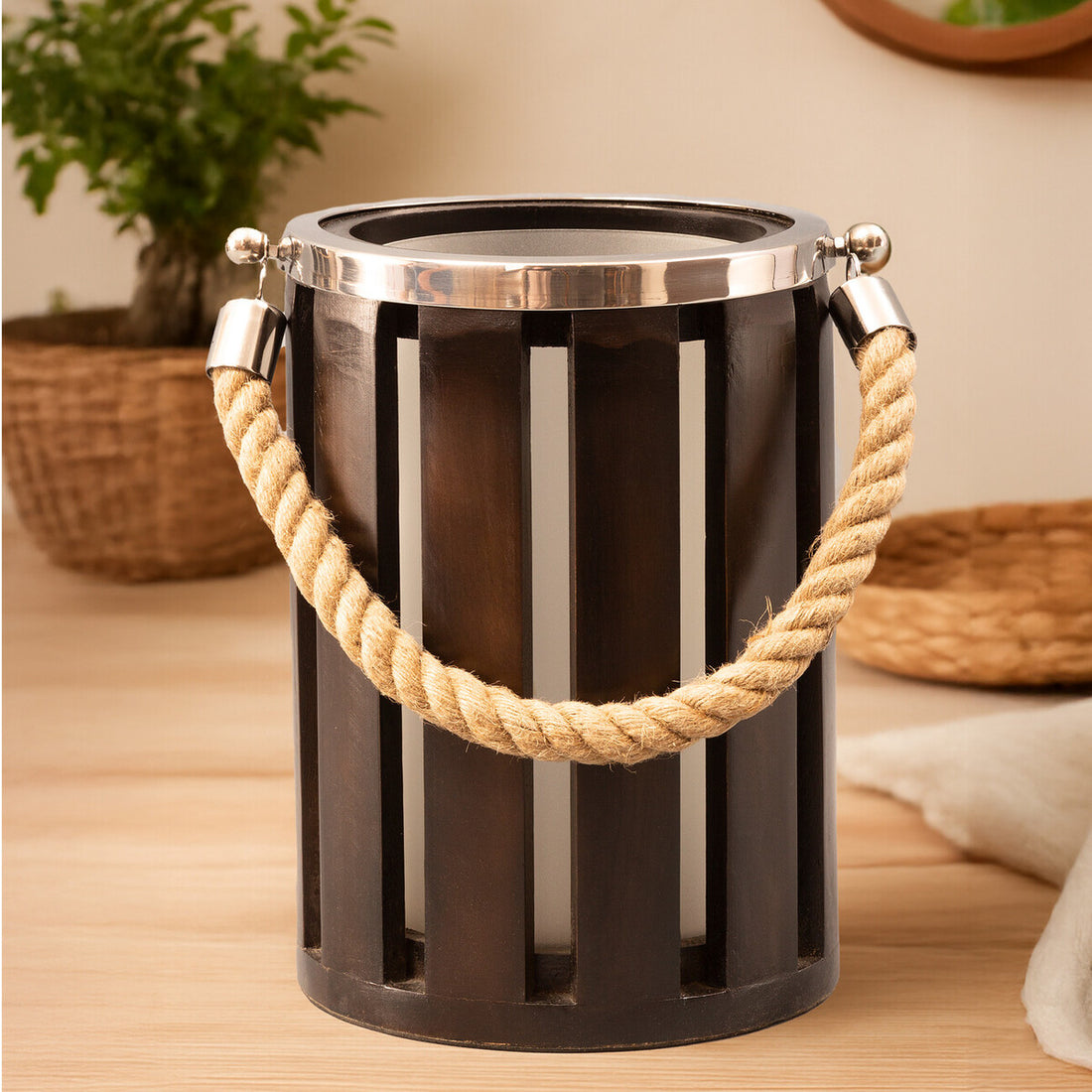Hampstead Small Glass And Wood Candle Holder.