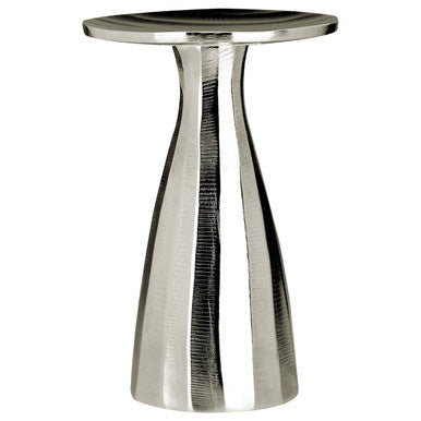 Silver side table with a reflective surface on a white background