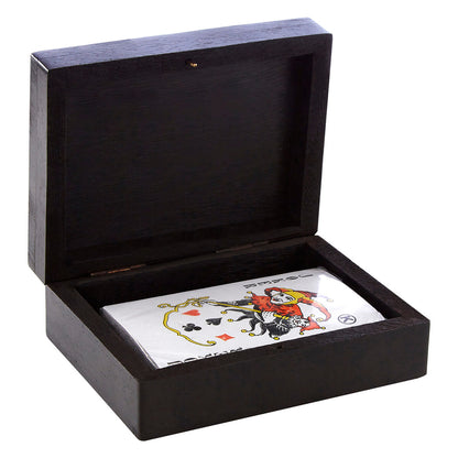 Black wooden box with a deck of cards featuring a joker card inside.