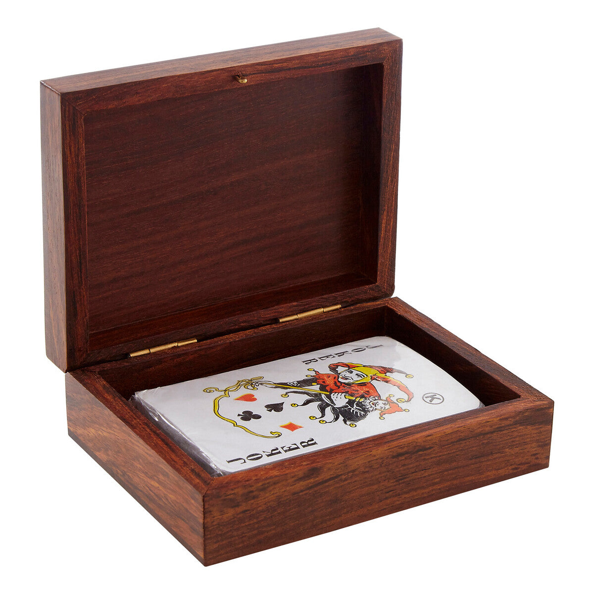 Wooden box with a deck of cards inside on a white background