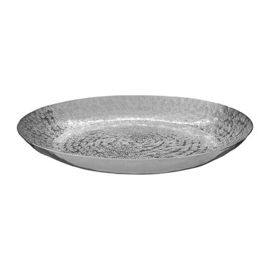Silver decorative plate with textured surface on a white background