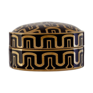 Decorative box with black and gold geometric pattern on a white background