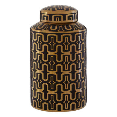 Decorative jar with black and gold geometric pattern on a white background