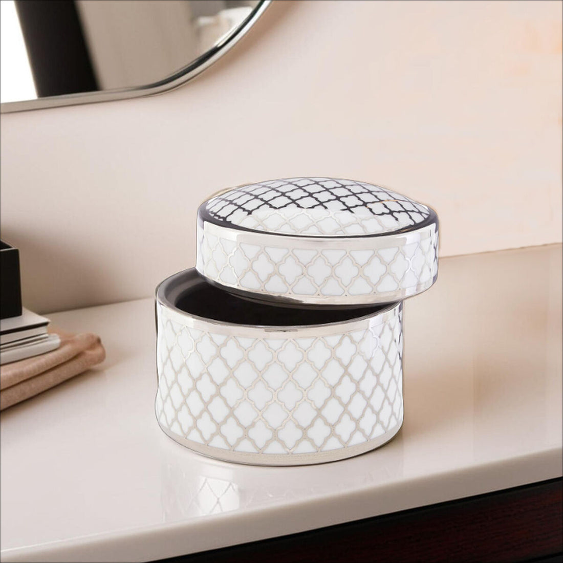 Renne White and Silver Large Ceramic Box