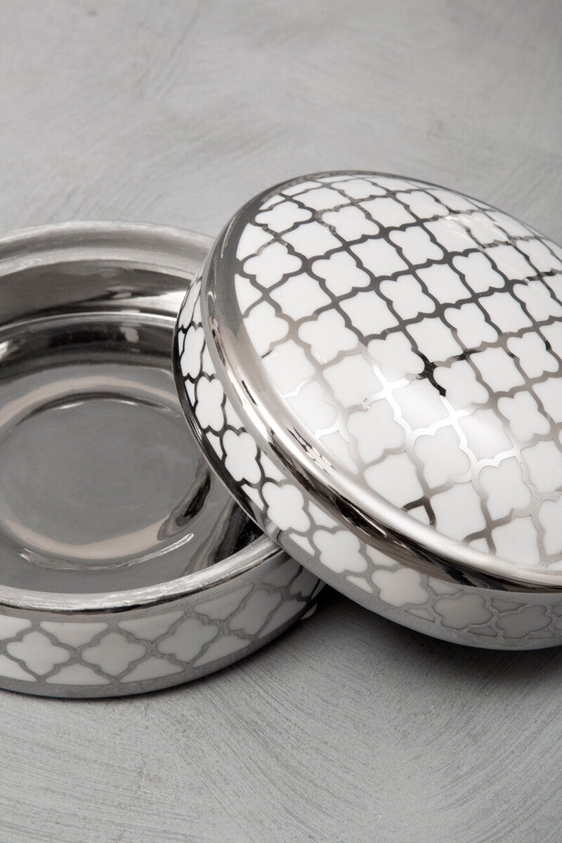 Renne White and Silver Small Ceramic Box