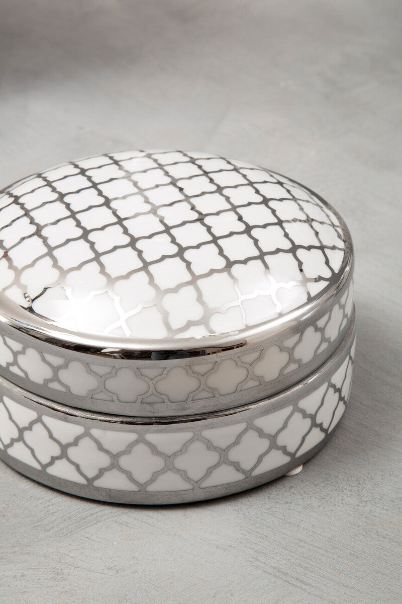 Renne White and Silver Small Ceramic Box