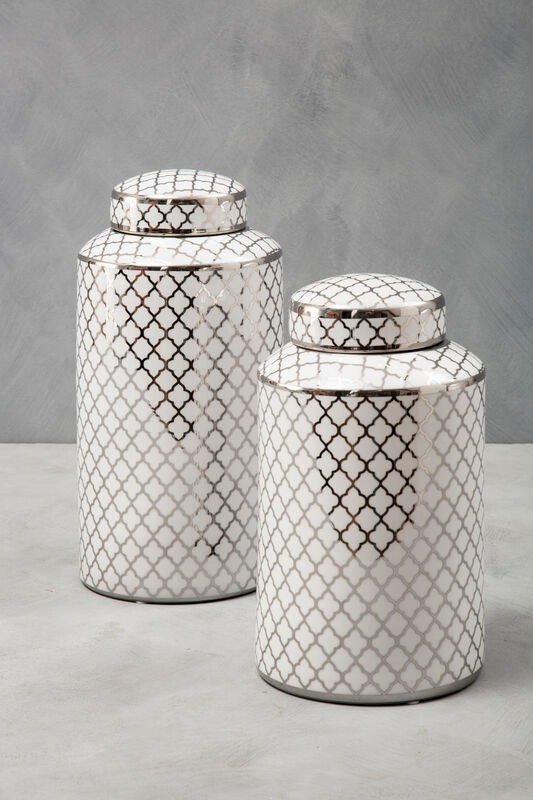 Renne White and Silver Small Ceramic Jar
