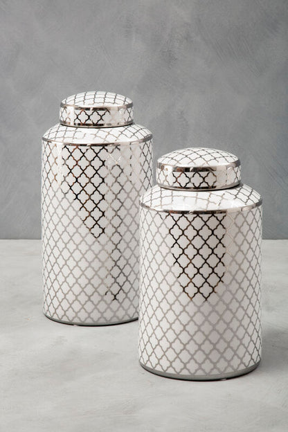 Renne White and Silver Small Ceramic Jar