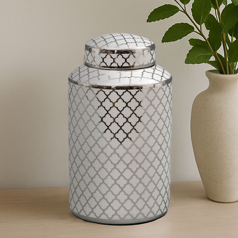 Renne White and Silver Small Ceramic Jar