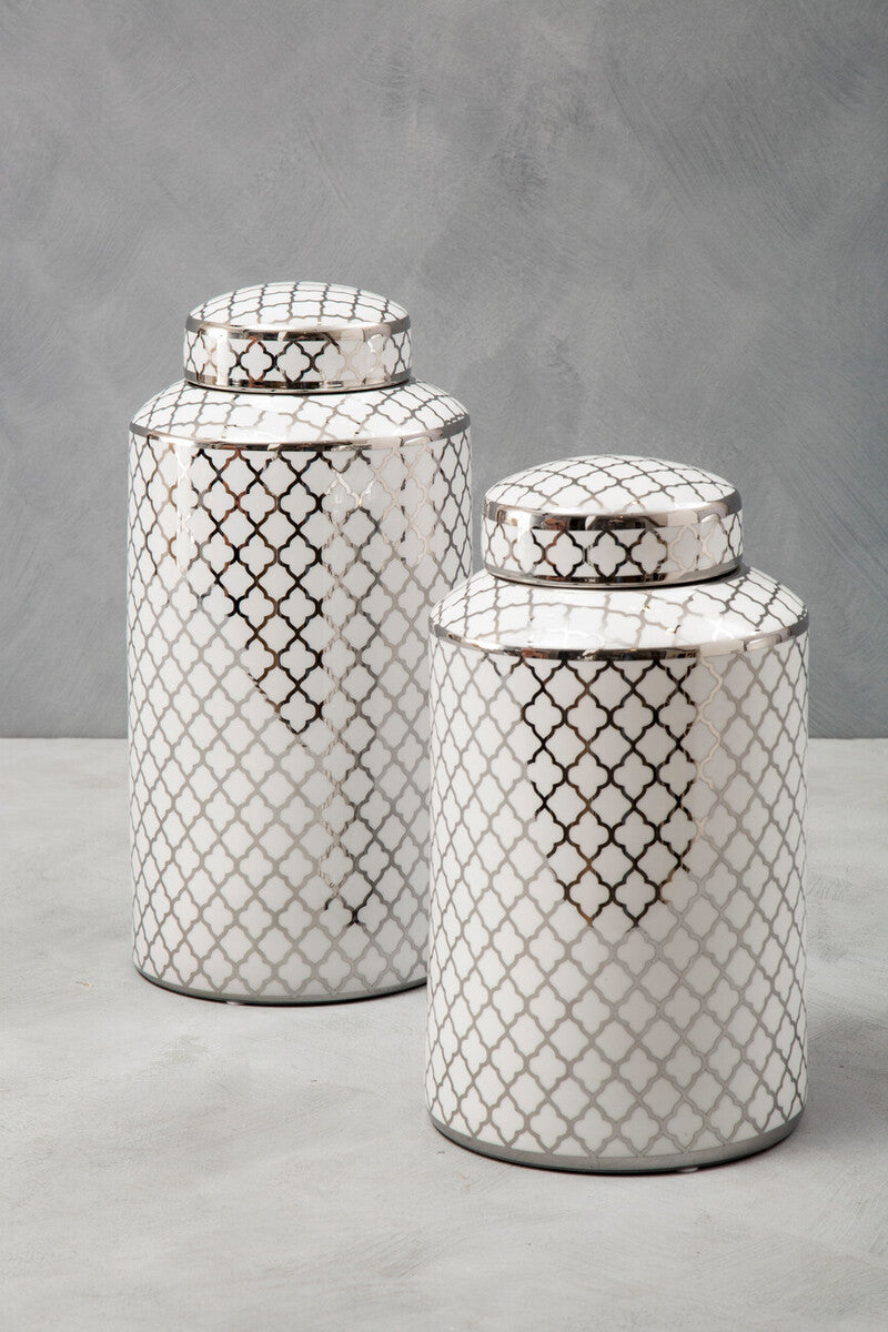 Renne White and Silver Large Ceramic Jar
