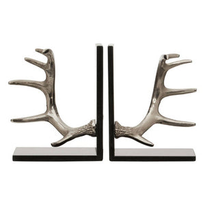 Antler Silver Metal Bookend Set of 2 with Black Marble Bases