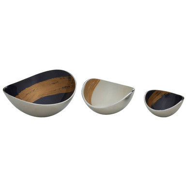 Three ceramic bowls with wooden interior on a white background