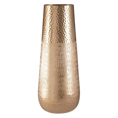 Gold metallic vase with a textured surface on a white background