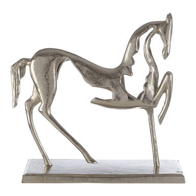 Metallic horse sculpture on a white background