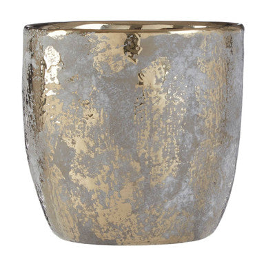 Decorative pot with gold and silver metallic finish on a white background