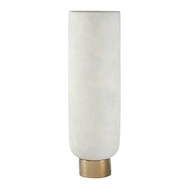 Tall cylindrical vase with white marble-like texture and gold base on a white background