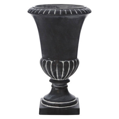 Decorative black urn on a white background