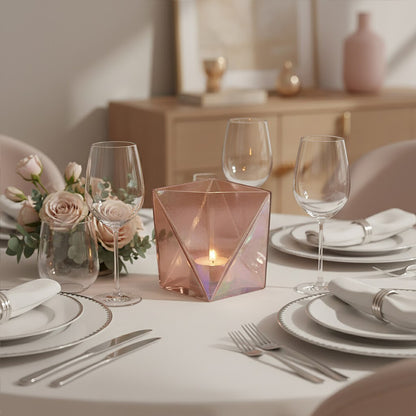 Elegant table setting with plates, glasses, and a candle in a geometric holder.