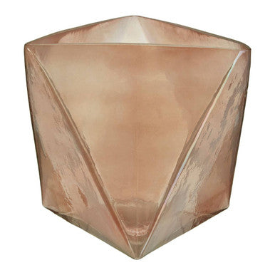 Geometric glass vase with a faceted design on a white background