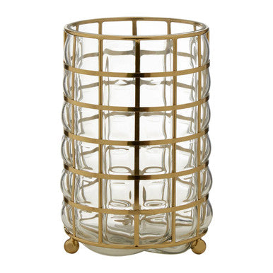Decorative vase with gold cage-like structure on a white background