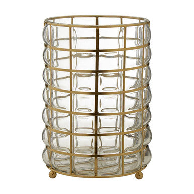 Clear glass vase with gold metal cage on a white background